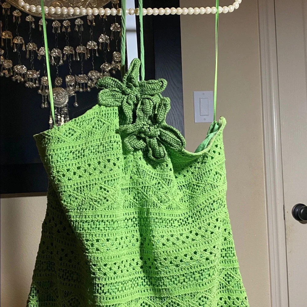Farm Rio Halter Floral Ruffle Crochet Mini Dress - Picture 5 of 9